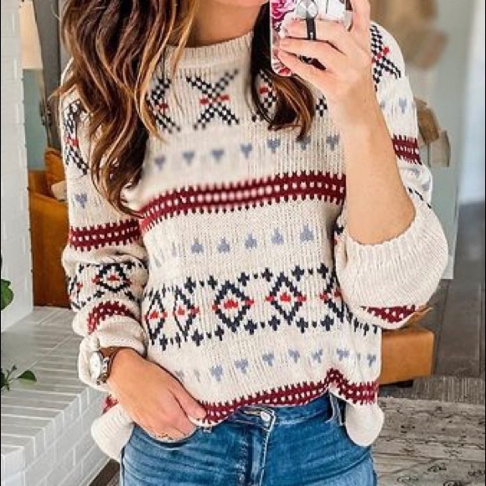 Old Navy Cream Fair Isle Crewneck Sweater with Red and Navy Accents
